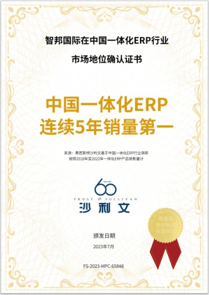 “中国一体化ERP连续5年销量第一”市场地位确认